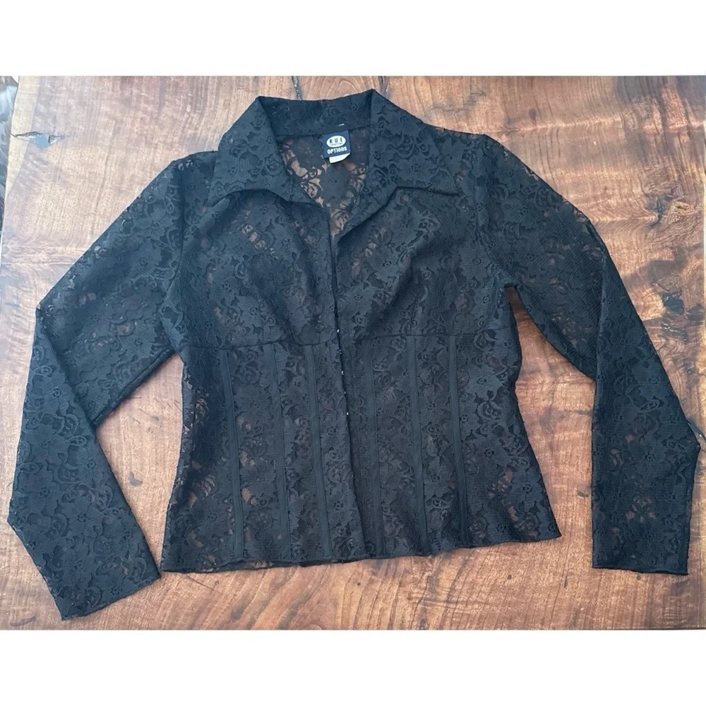 Vintage Rue Twenty One OPTIONS Sheer Black Lace Corset Eye Hook Blouse M Y2K 90s